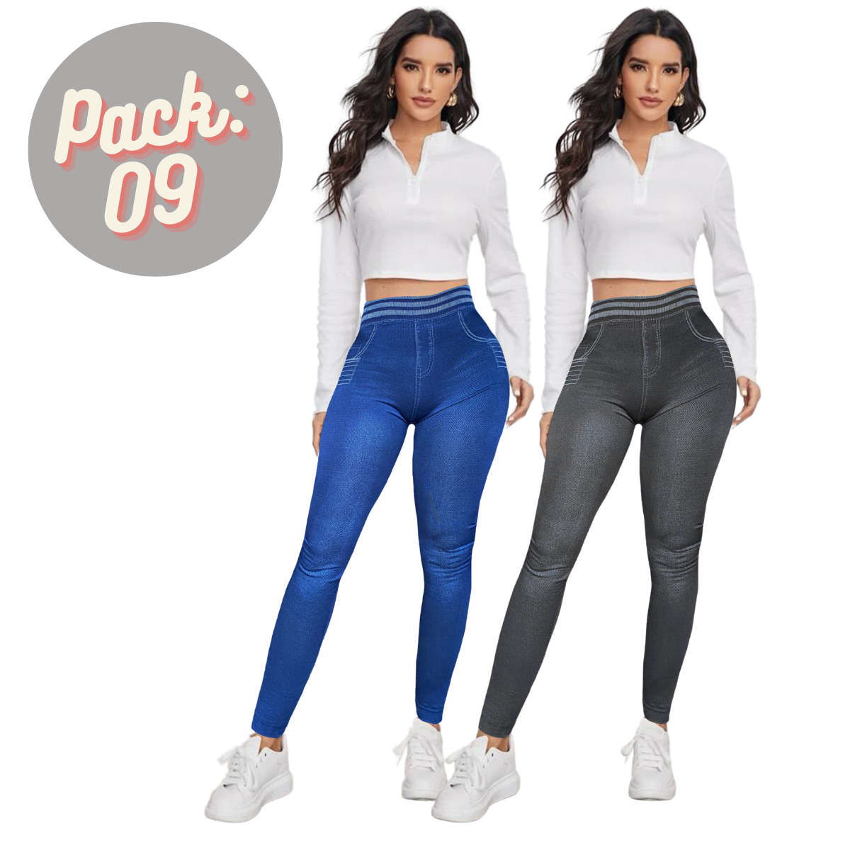 Set 2 Leggins Mujer Mezclilla Faja Alta Mallas Gruesa Mayon