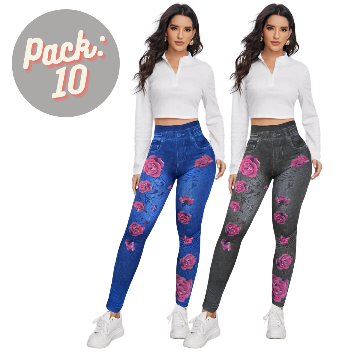 Set 2 Leggins Mujer Mezclilla Faja Alta Mallas Gruesa Mayon