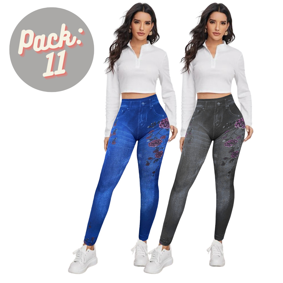 Set 2 Leggins Mujer Mezclilla Faja Alta Mallas Gruesa Mayon