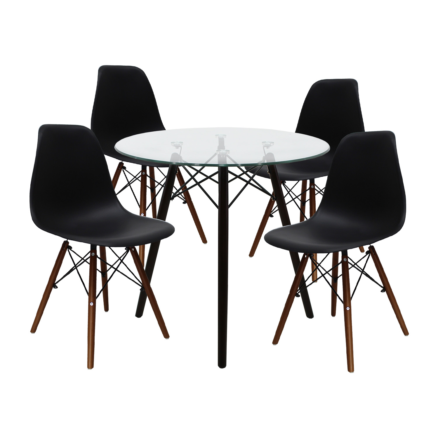 Set Comedor cristal redondo 80cm y 4 sillas Eames Negro nogal Mundo In.