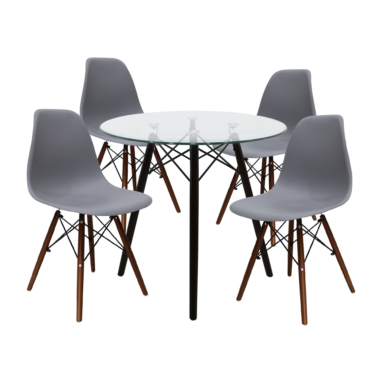 Set Comedor cristal redondo 80cm y 4 sillas Eames Gris nogal Mundo In.