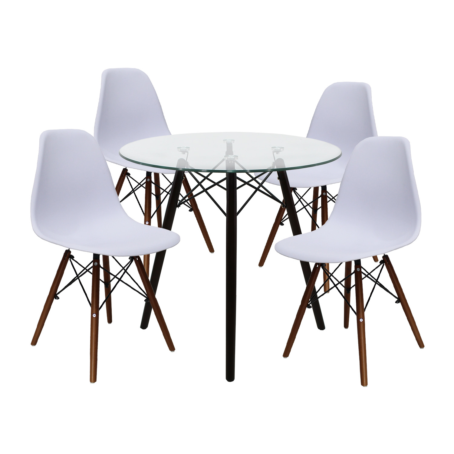 Set Comedor cristal redondo 80cm- 4 sillas Eames Blanco nogal Mundo In.