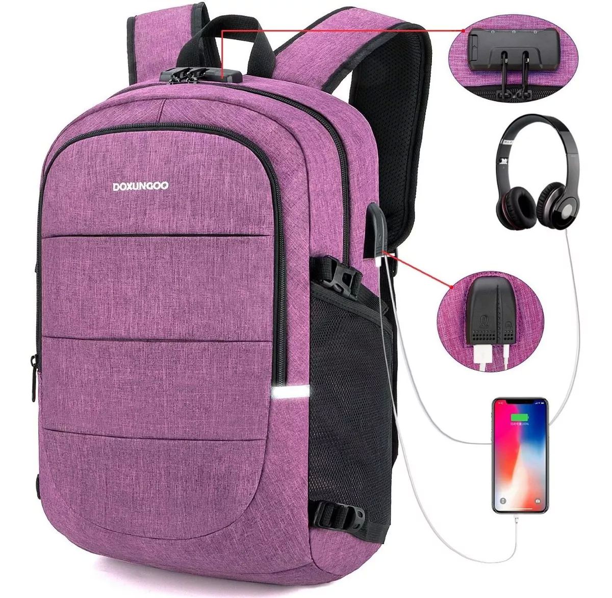 Mochila Antirrobo Mochila Impermeable Para Portatil con Cerradura Color Purpura