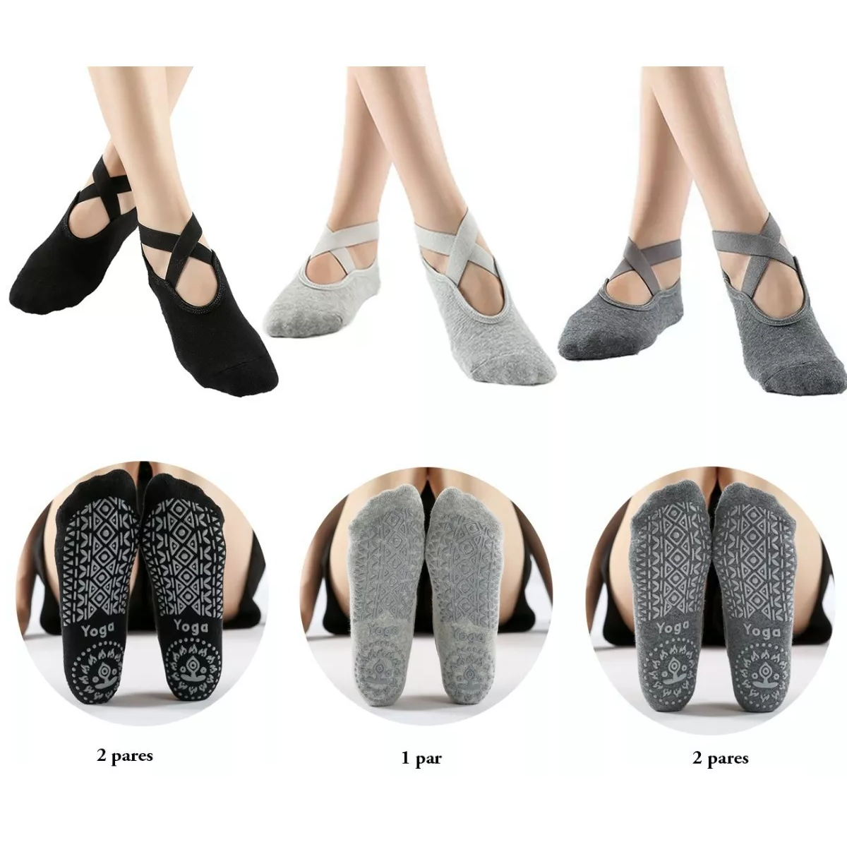 Calcetines De Yoga Danza Pilates Antiderrapantes 5 Pares Negro/Gris