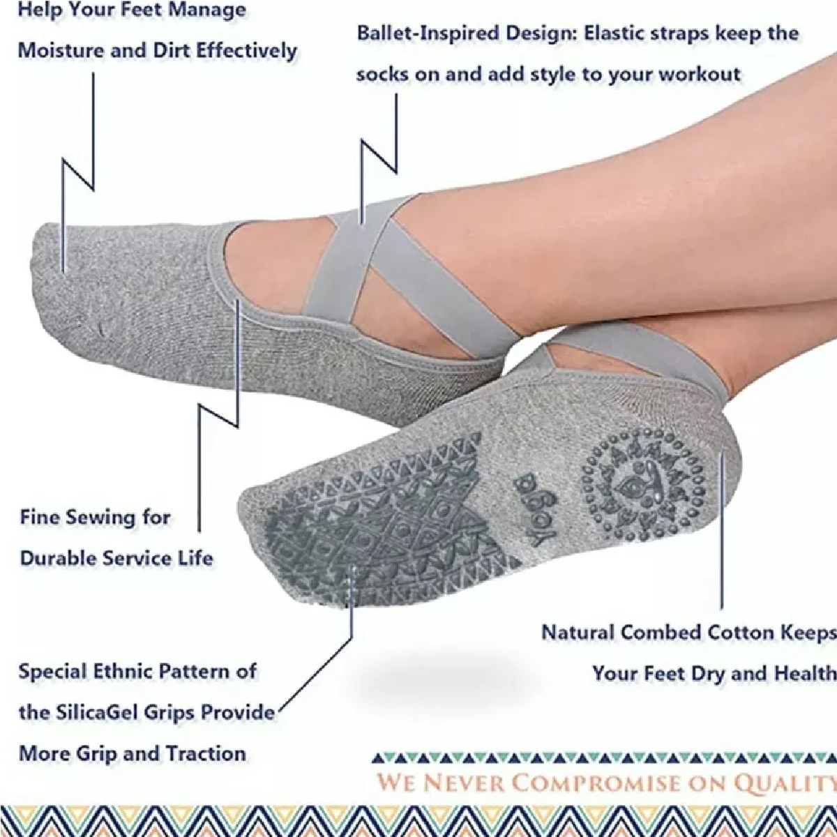 Calcetines De Yoga Danza Pilates Antiderrapantes 5 Pares Negro/Gris