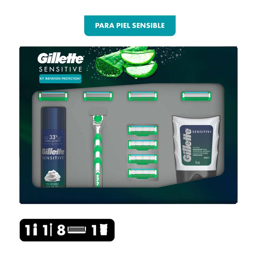 Kit de Afeitado Gillete Irritation Protection Para Piel Sensible, con Aloe y Vitamina E, 11 Pzs