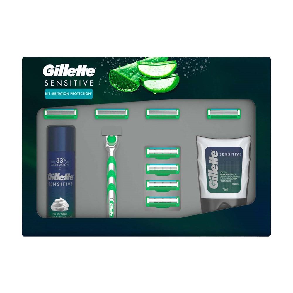 Kit de Afeitado Gillete Irritation Protection Para Piel Sensible, con Aloe y Vitamina E, 11 Pzs