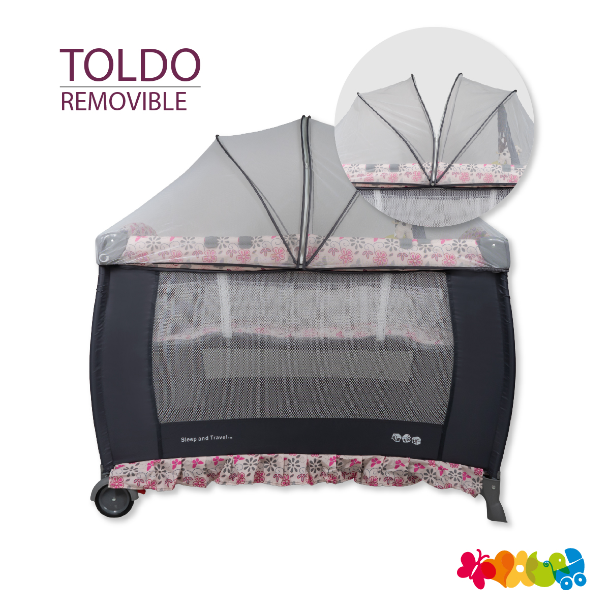 Cuna Corral Bebe Aeiou Bc003 Con Cambiador y Mosquitero Rosa