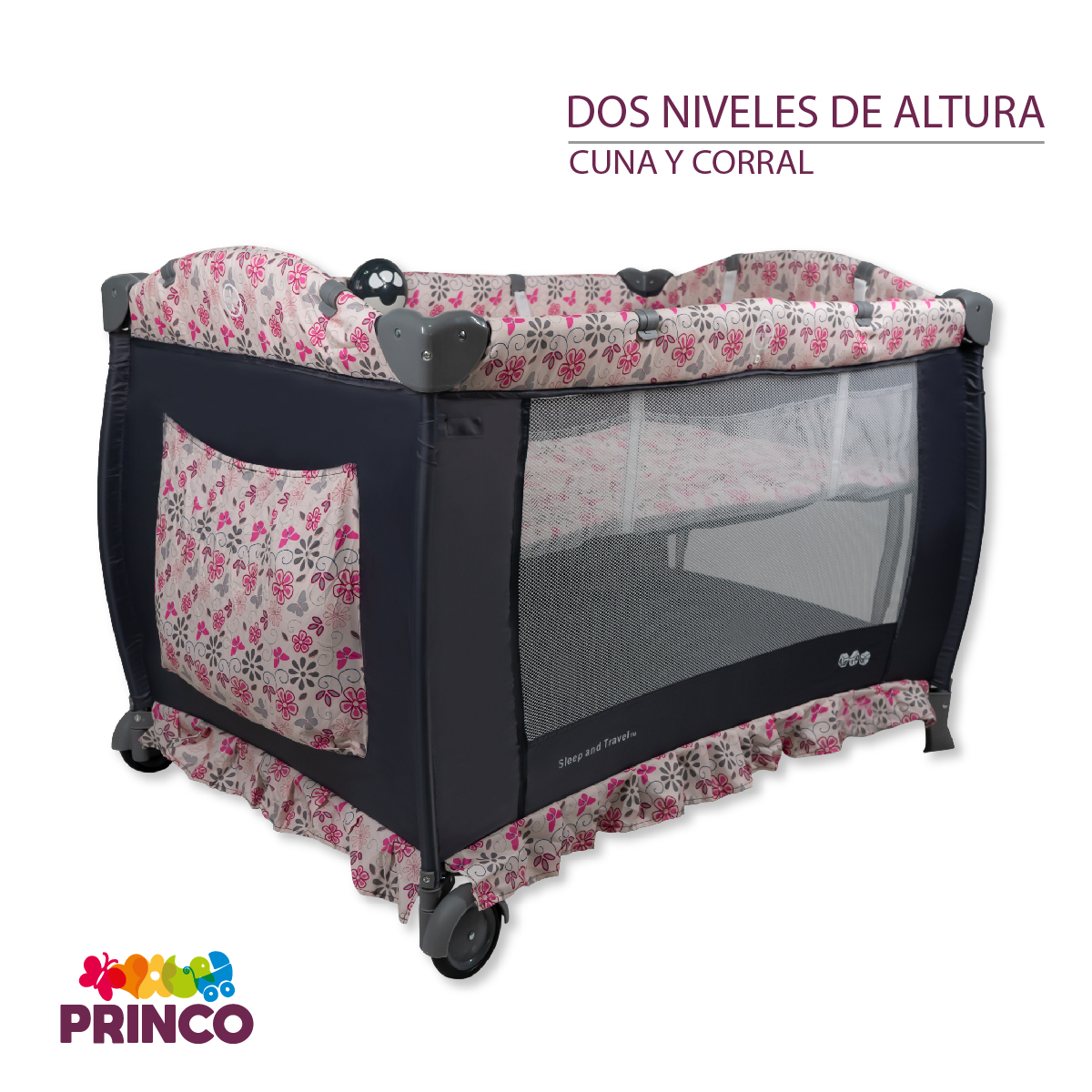 Cuna Corral Bebe Aeiou Bc003 Con Cambiador y Mosquitero Rosa