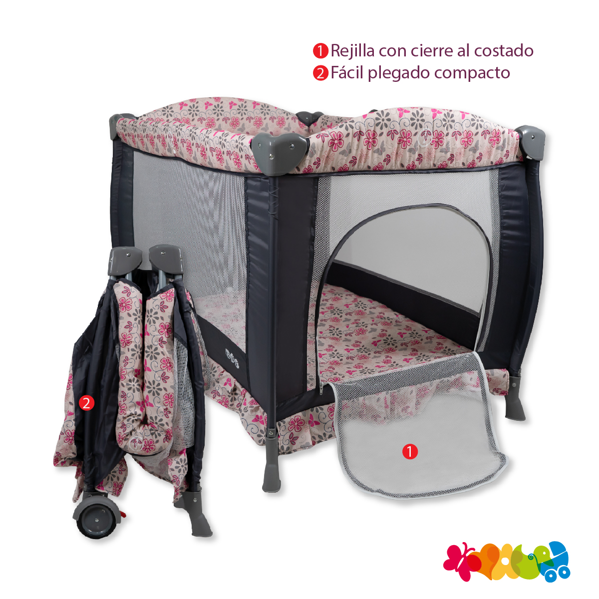 Cuna Corral Bebe Aeiou Bc003 Con Cambiador y Mosquitero Rosa