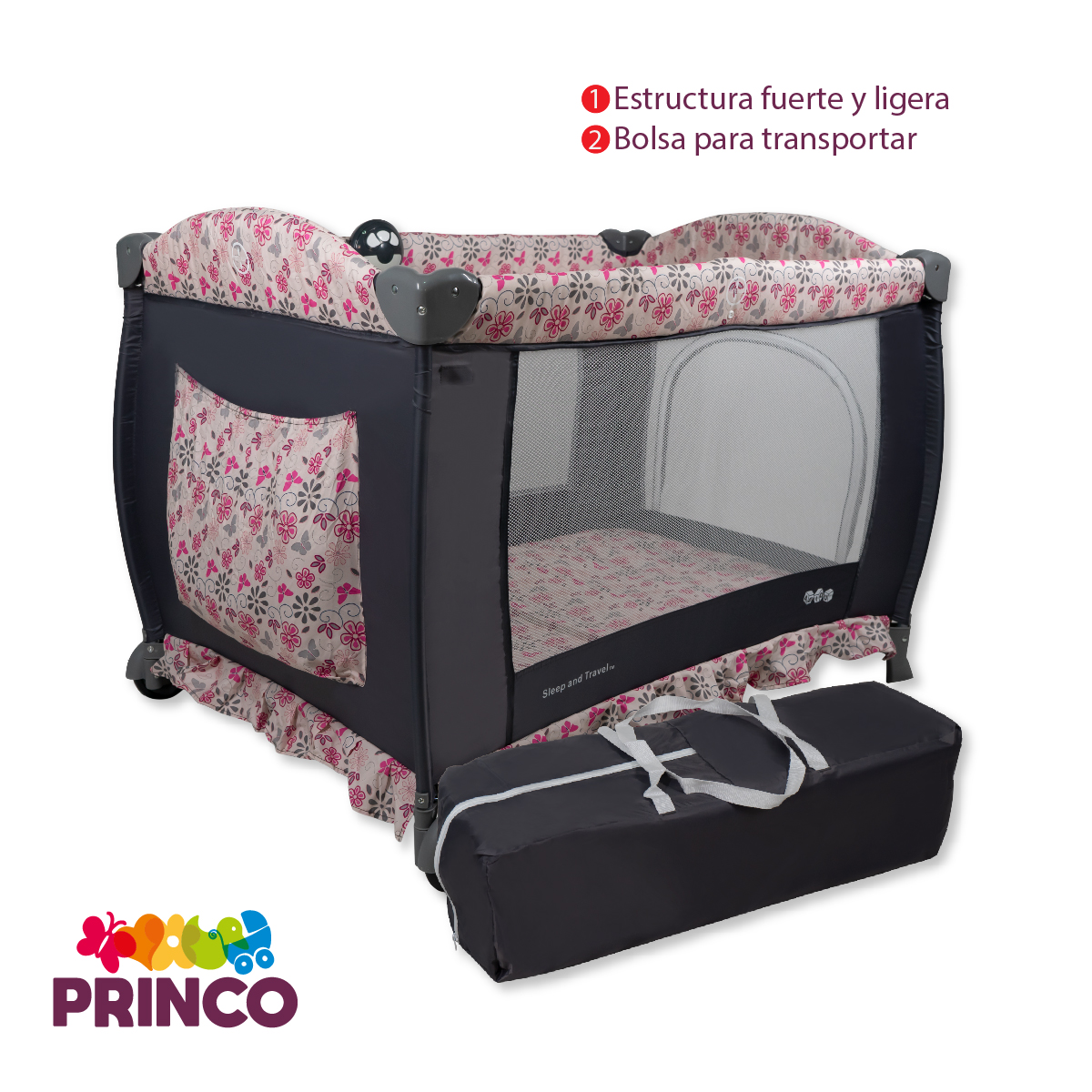 Cuna Corral Bebe Aeiou Bc003 Con Cambiador y Mosquitero Rosa