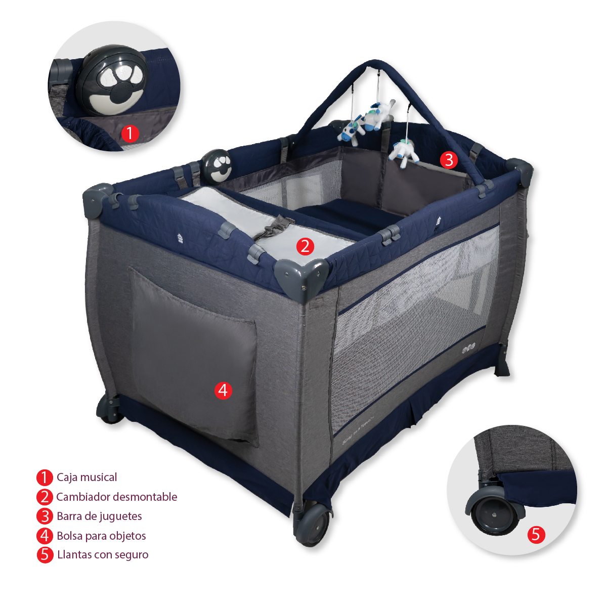 Cuna Corral Bebe Aeiou Bc003 Cambiador Vibrador Mosquitero Blue/Gray