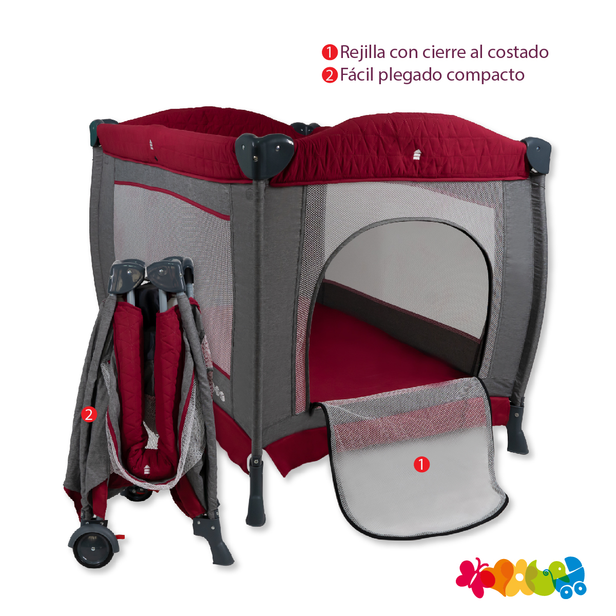 Cuna Corral Bebe Aeiou Bc003 Cambiador Vibrador Mosquitero Red/Gray