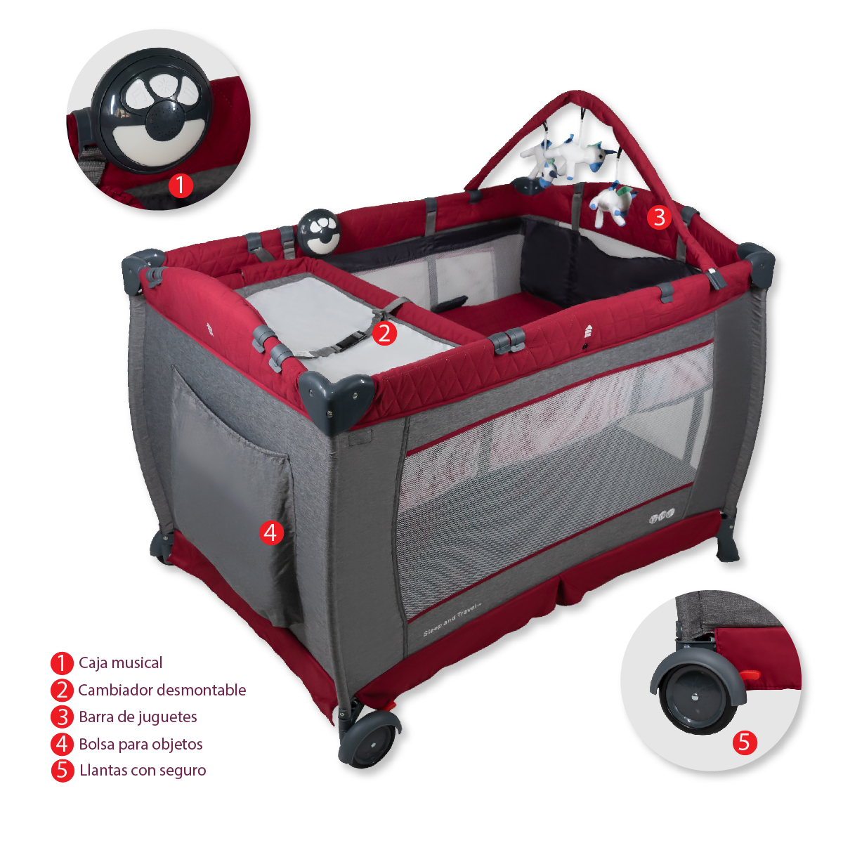 Cuna Corral Bebe Aeiou Bc003 Cambiador Vibrador Mosquitero Red/Gray