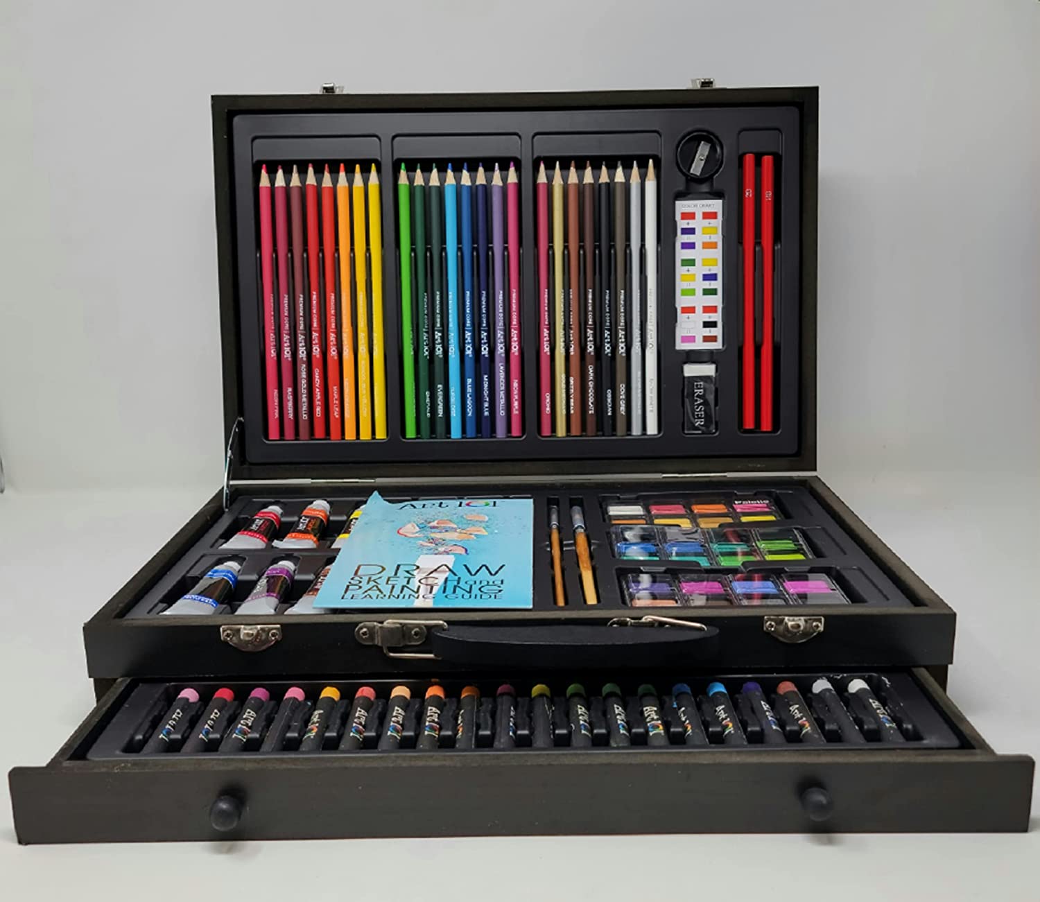 Set de Arte. Art 101 Platinum Multimedia Artist Set Incluye: Lápices de colores de núcleo premium, lápices de bocetos, tabla de colores y más, 132 piezas 