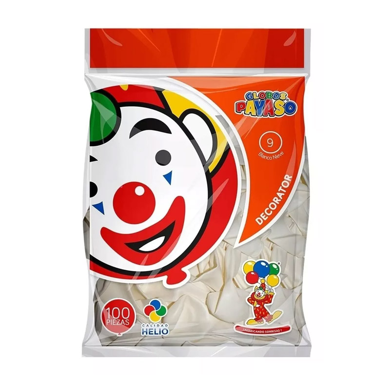 Globos Payaso decorator blancos 9", calidad Helio, 100 pzas.