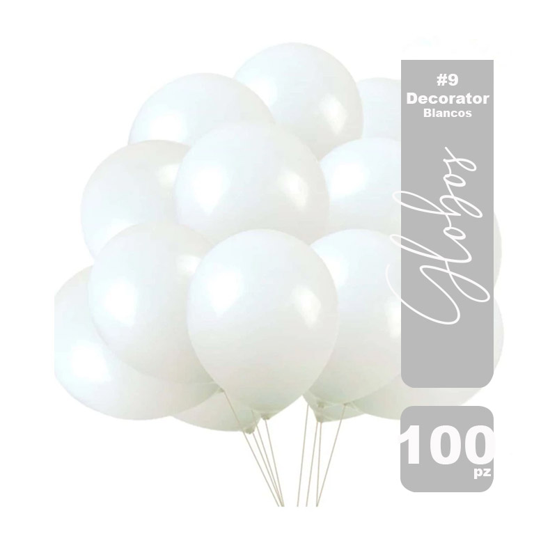 Globos Payaso decorator blancos 9", calidad Helio, 100 pzas.