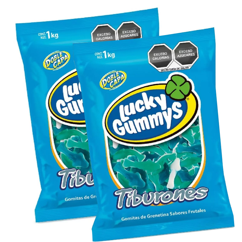 2 Bolsas de Gomitas Lucky Gummys Tiburones, Sabores frutales 1k/cu
