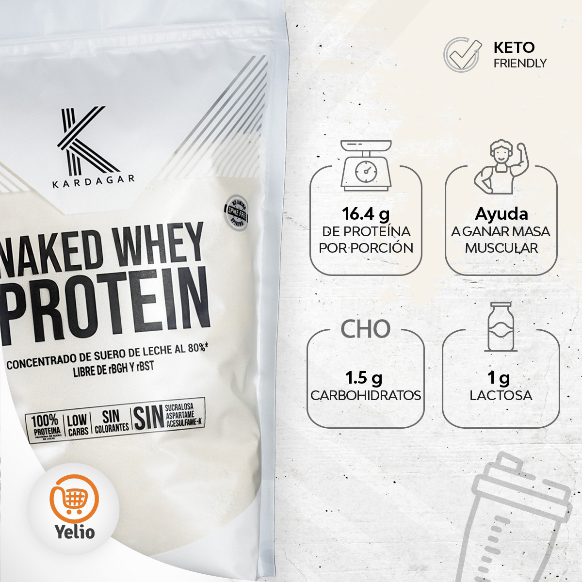 Proteína de Suero de Leche Kardagar Naked Whey Protein Concentrado al 80% 1KG	