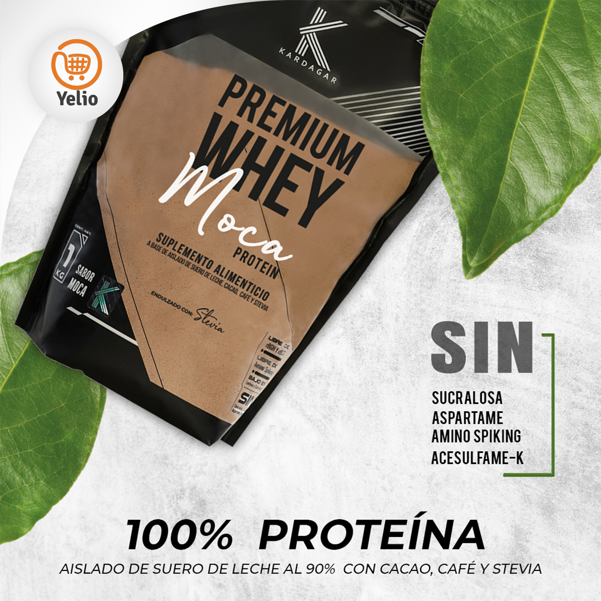  Proteína Aislada de Suero de Leche KARDAGAR Premium Whey MOCA Protein Leche CACAO Cafe y Stevia 1KG