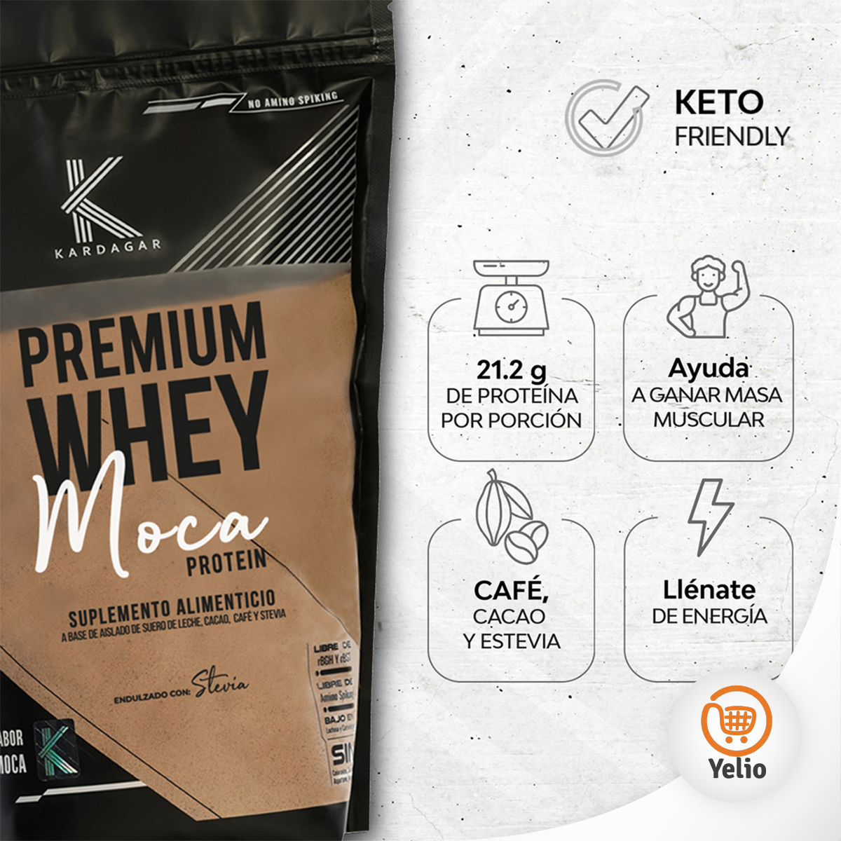  Proteína Aislada de Suero de Leche KARDAGAR Premium Whey MOCA Protein Leche CACAO Cafe y Stevia 1KG