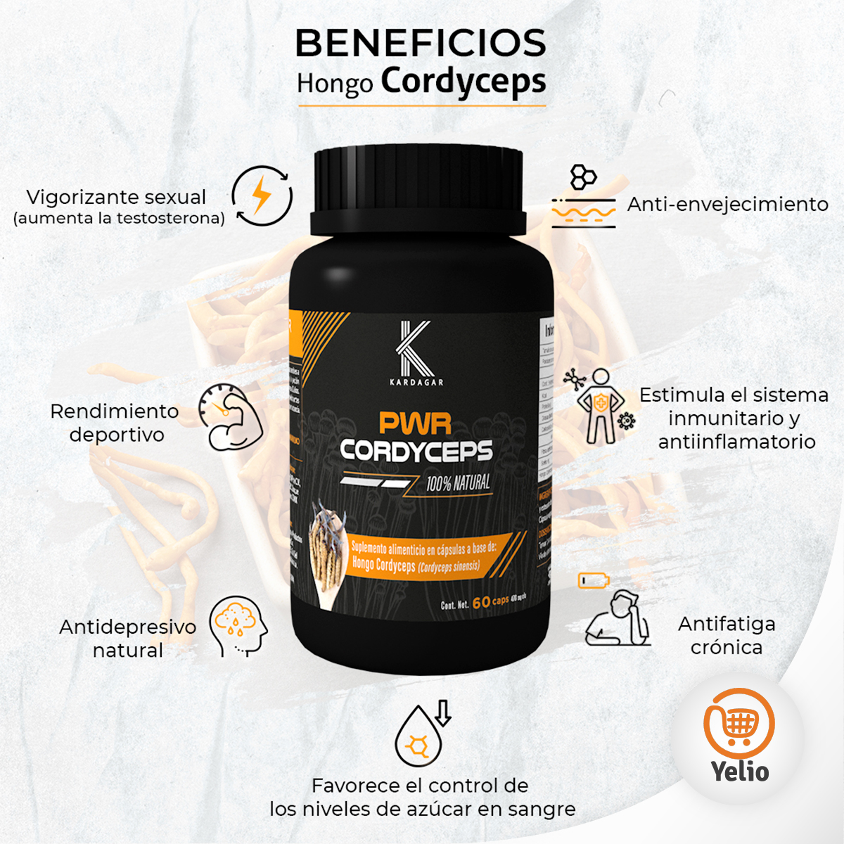 POWER Cordyceps Hongo Cordyceps KARDAGAR 60 Capsulas 470mg CU	