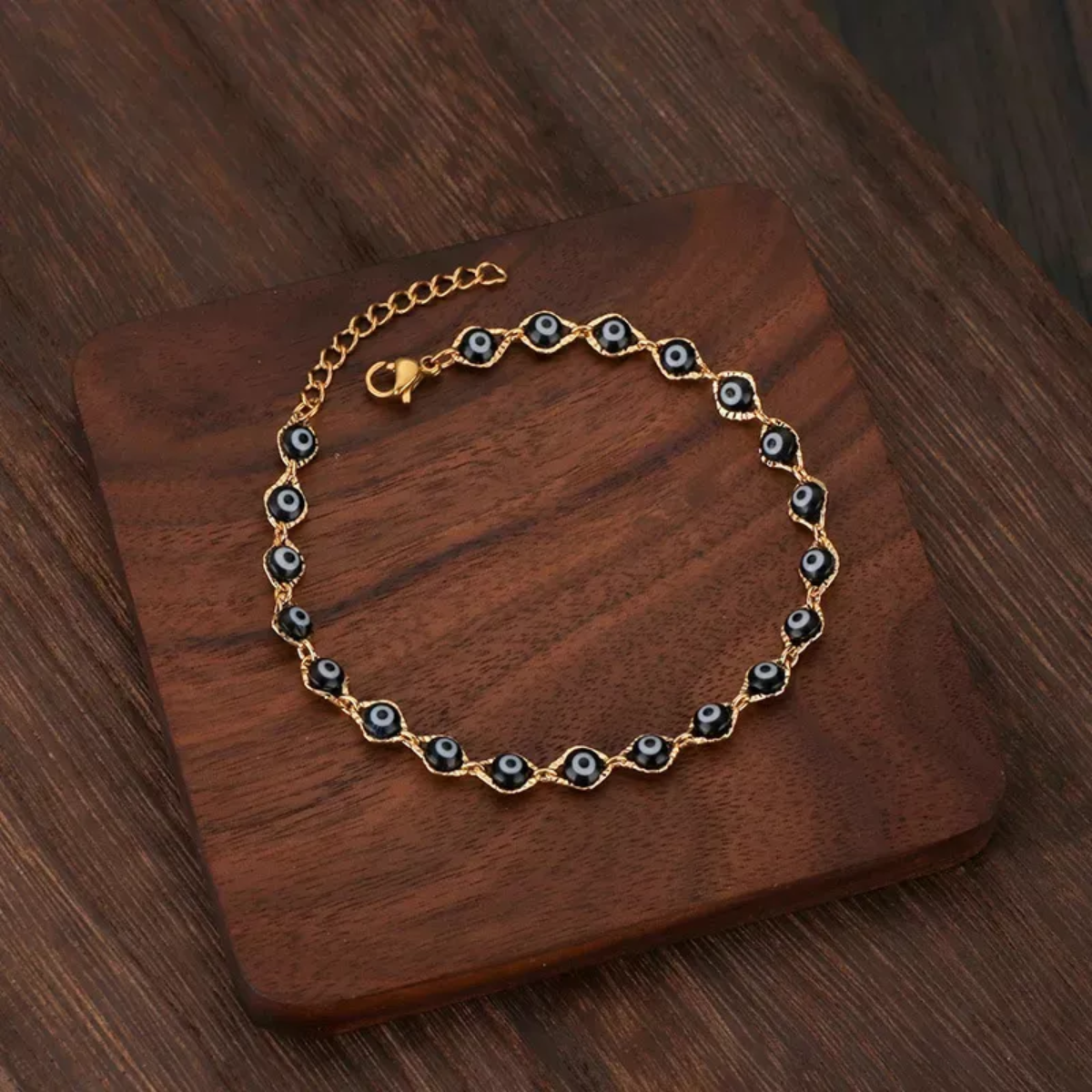 Pulsera Ojitos Color Negro Acero Inoxidable Moda Mujer