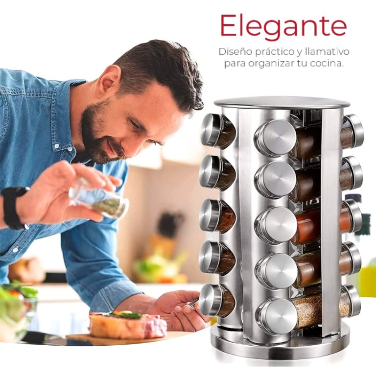 Organizador de especies giratorio acero inoxidable con 20 frascos