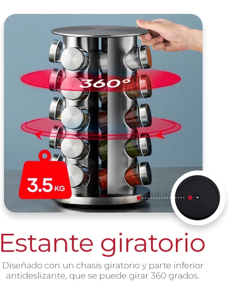 Organizador de especies giratorio acero inoxidable con 20 frascos