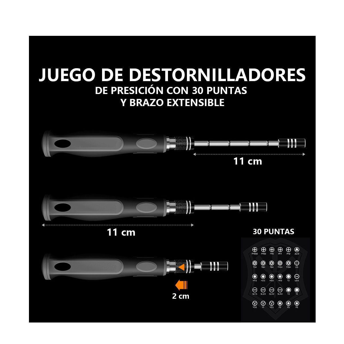 Juego De Destornillador Magnetico Con 30 Puntas de Precisión y Brazo Extensible