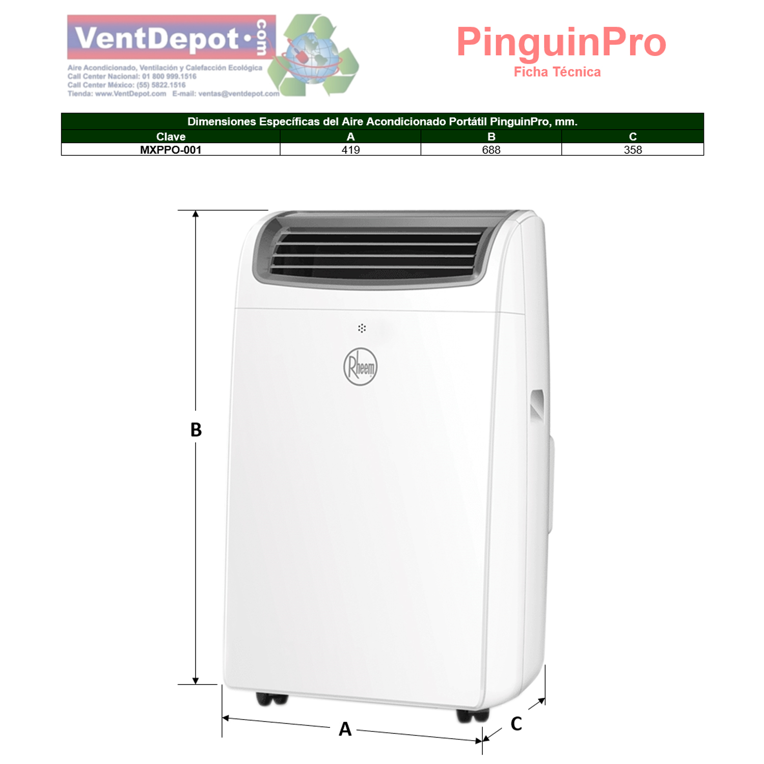 Aire AC Portatil Frio Calor Barato MXPPO-001-12 12000BTUs 410m3hr R-410A 3,4EER 115V1F60Jx 7,64A 854,2W 55dB Hasta 12m2 Frío Calor con Bomba PinguinPro