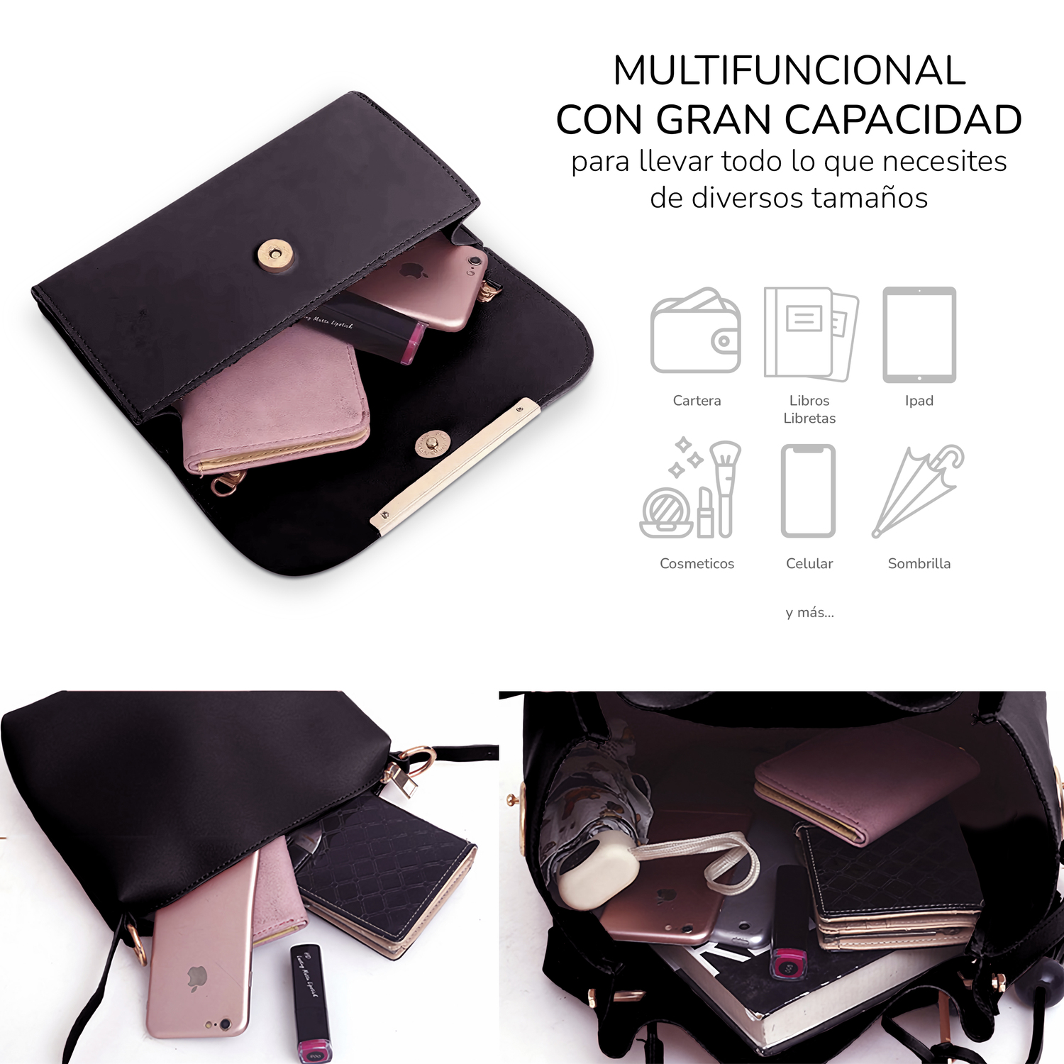 Conjunto De 3 Bolsos De Lujo Para Mujer, Gran Capacidad- Negro