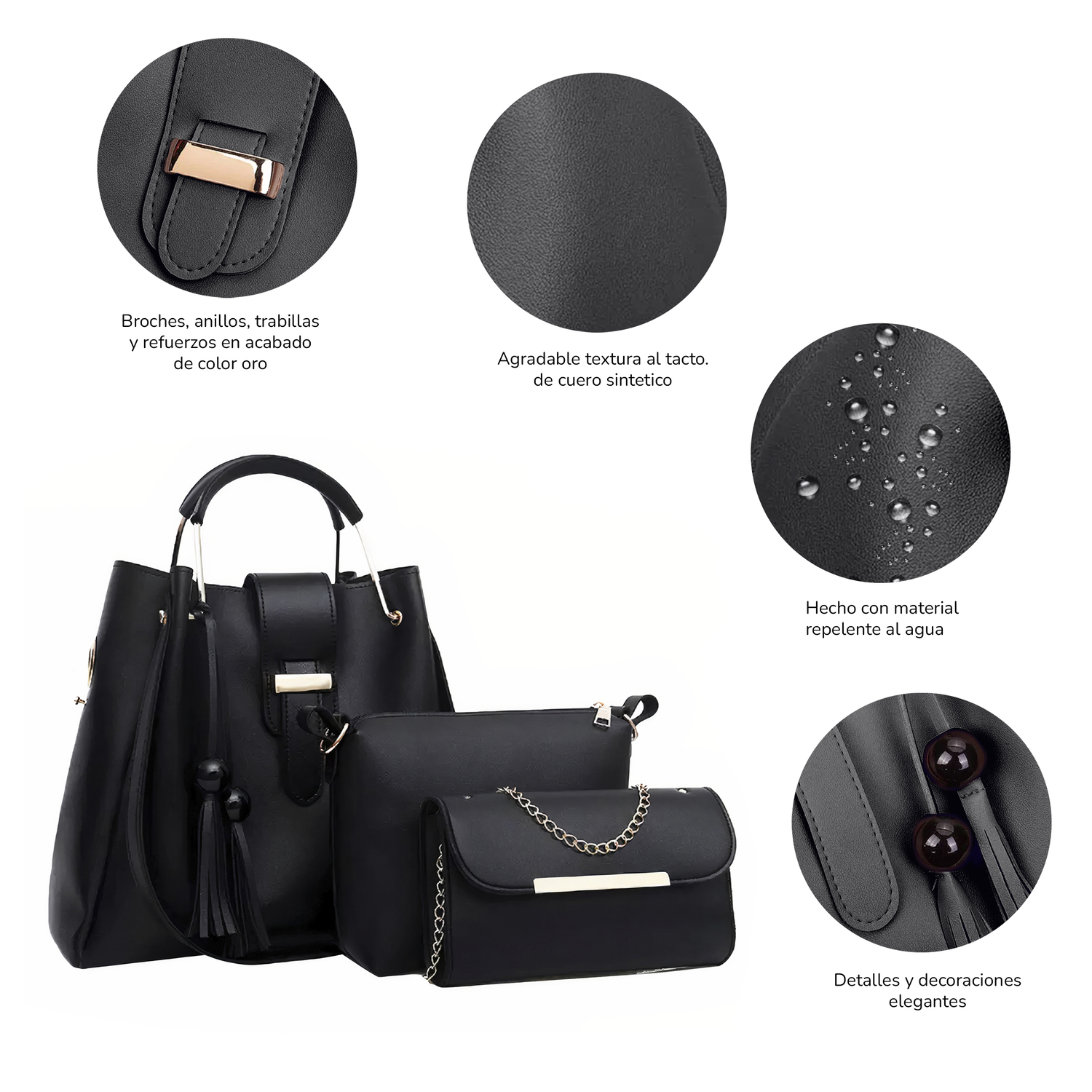 Conjunto De 3 Bolsos De Lujo Para Mujer, Gran Capacidad- Negro