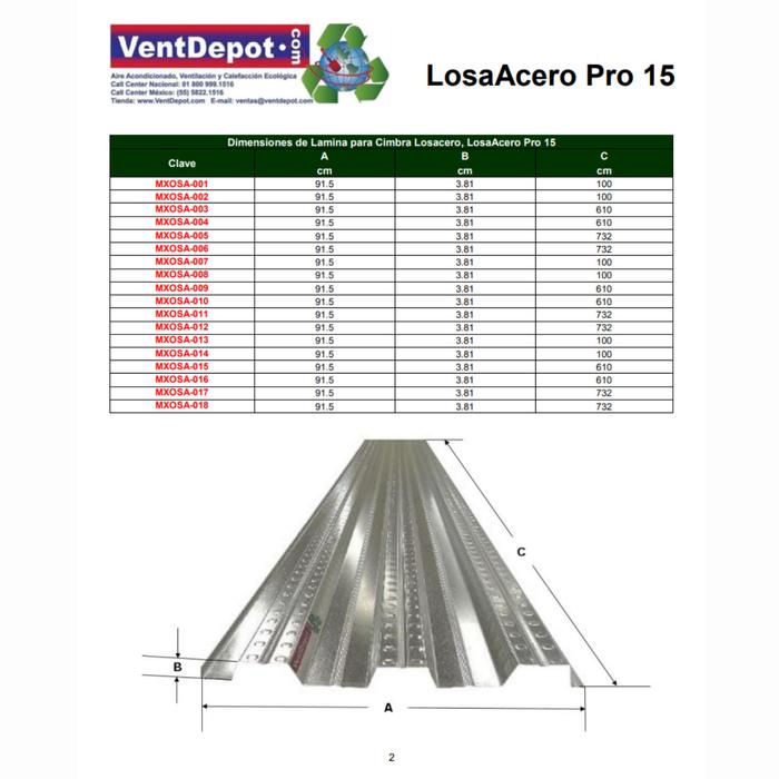 Cimbra Metálica para Colar Techo MXAAR-001 0,915x1m Calibre 18 Peralte 3,0" Acero con Acabado galvanizado 1Pza, LosaAcero Pro 30