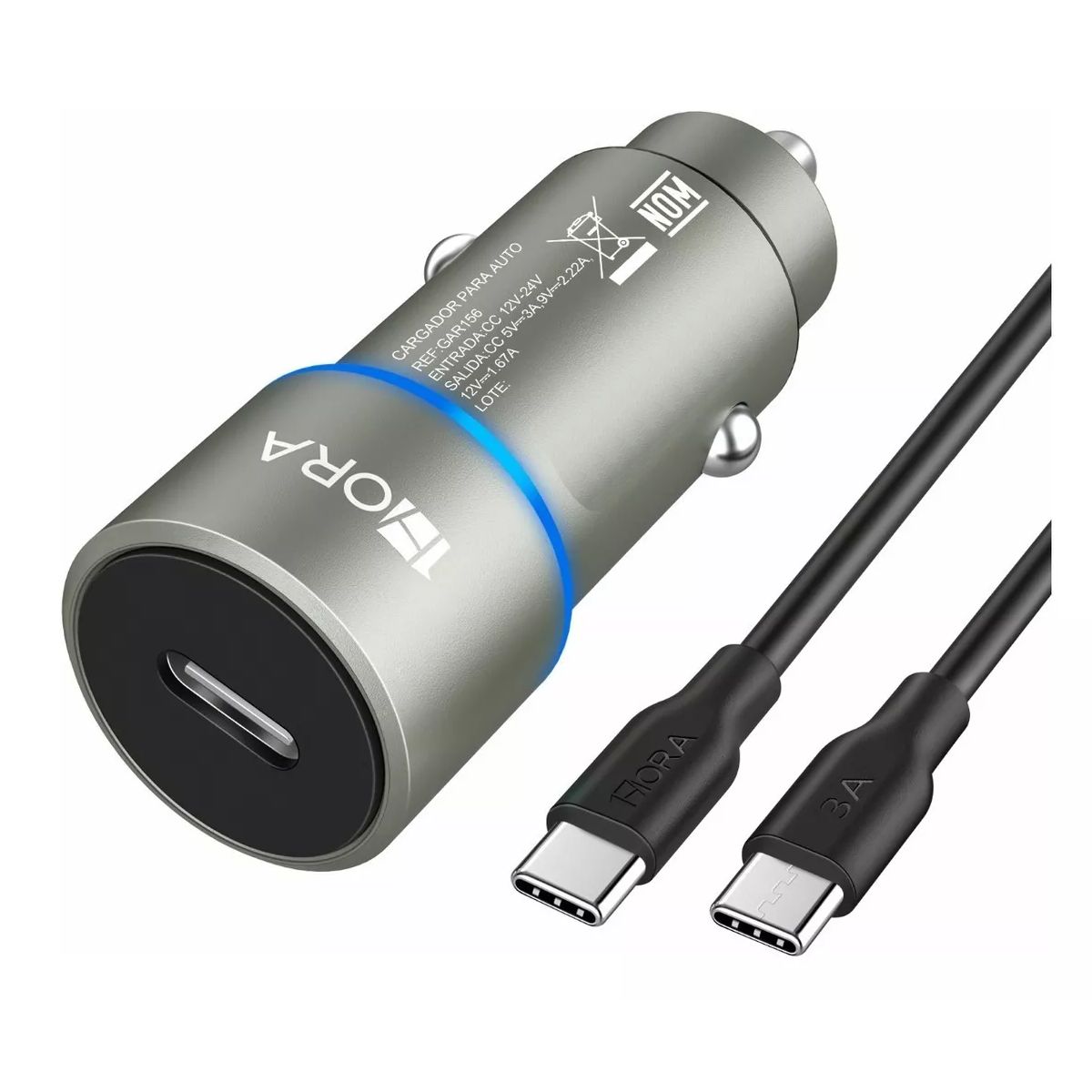 Cargador Rápido Adaptador De Corriente De Auto Para Celular Usb Tipo C Gar156 Gris