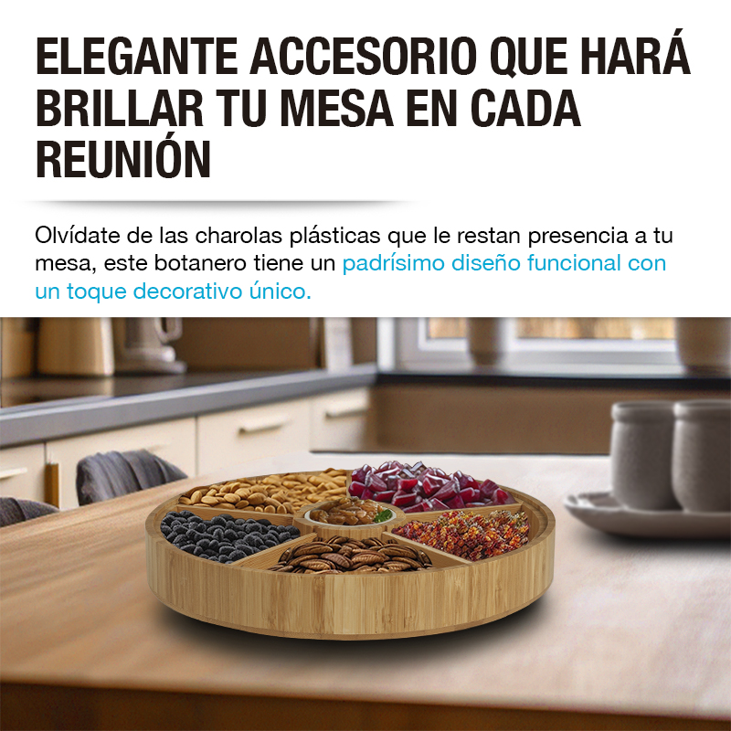 CASA LITUS Botanero Giratorio de Bambú con Salsero de Cerámica, Plato Botanero con 5 Divisiones para todo tipo de Botanas, Charola Lazy Susan, Bandeja Giratoria con Bowl para Dip, Centro Para Mesa
