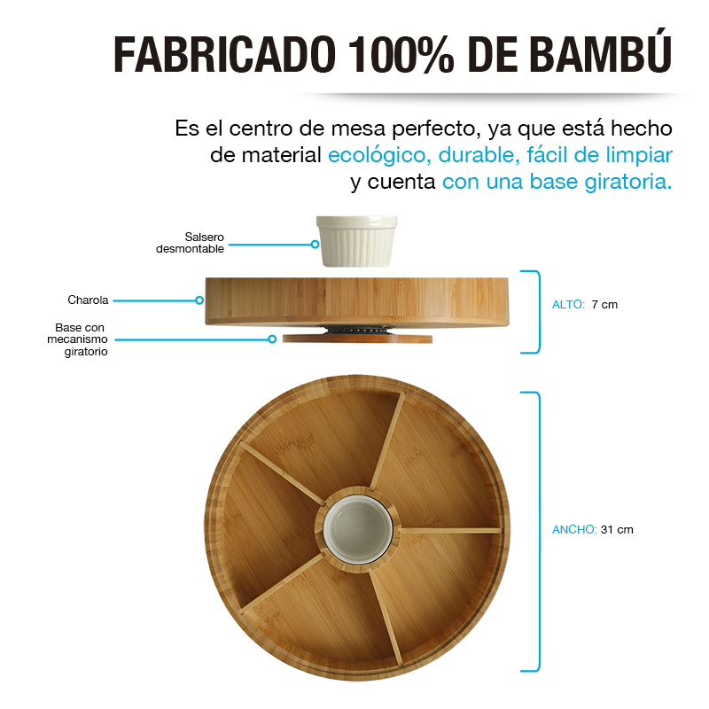CASA LITUS Botanero Giratorio de Bambú con Salsero de Cerámica, Plato Botanero con 5 Divisiones para todo tipo de Botanas, Charola Lazy Susan, Bandeja Giratoria con Bowl para Dip, Centro Para Mesa