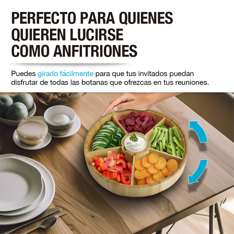 CASA LITUS Botanero Giratorio de Bambú con Salsero de Cerámica, Plato Botanero con 5 Divisiones para todo tipo de Botanas, Charola Lazy Susan, Bandeja Giratoria con Bowl para Dip, Centro Para Mesa