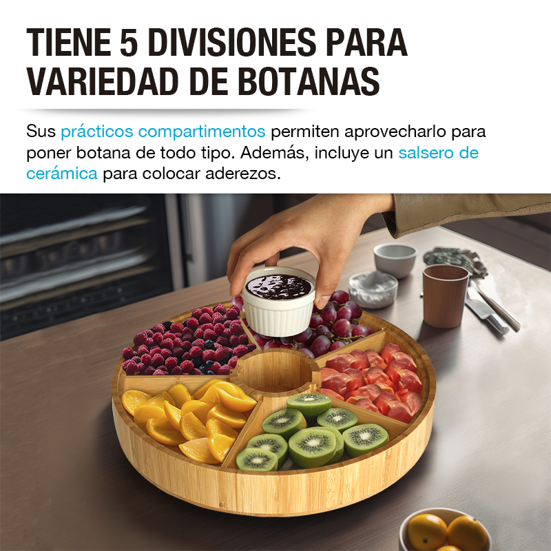 CASA LITUS Botanero Giratorio de Bambú con Salsero de Cerámica, Plato Botanero con 5 Divisiones para todo tipo de Botanas, Charola Lazy Susan, Bandeja Giratoria con Bowl para Dip, Centro Para Mesa