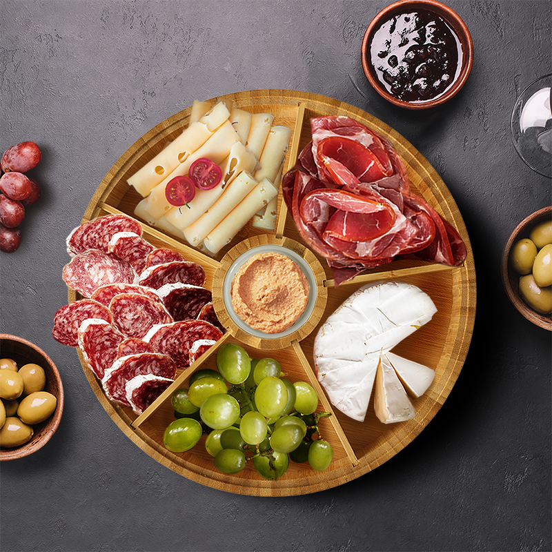 CASA LITUS Botanero Giratorio de Bambú con Salsero de Cerámica, Plato Botanero con 5 Divisiones para todo tipo de Botanas, Charola Lazy Susan, Bandeja Giratoria con Bowl para Dip, Centro Para Mesa