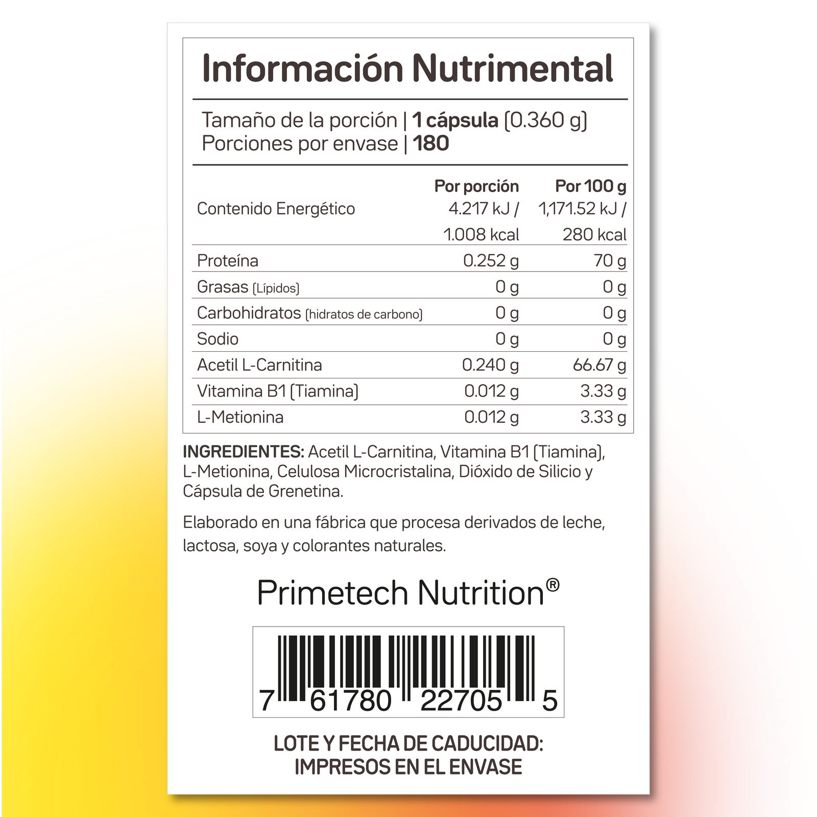 L-Carnitina Primetech Acetil 180 caps 264 mg c/u