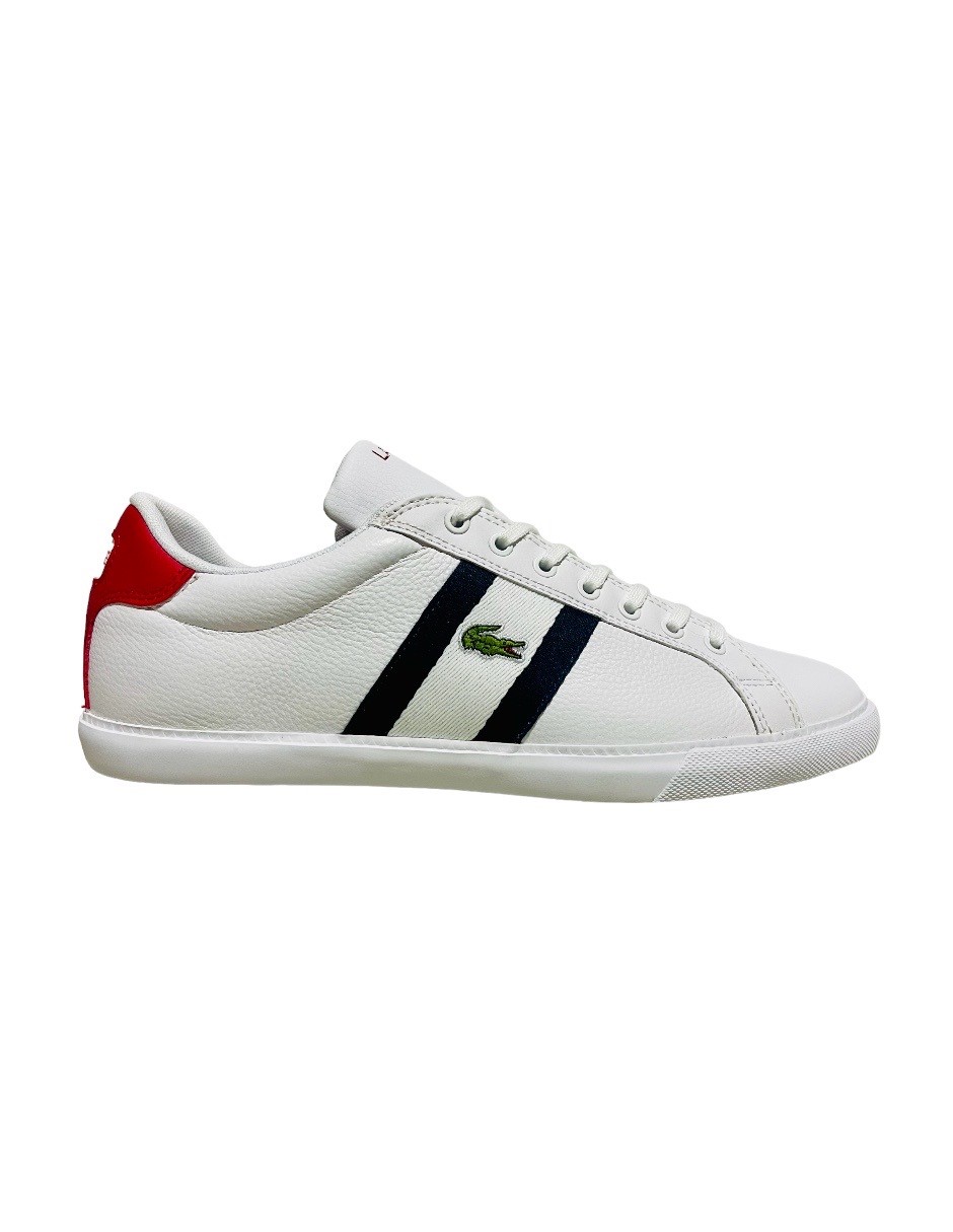 TENIS LACOSTE GRAN VULC BLANC CON RAYAS AZULES Y TALON ROJO