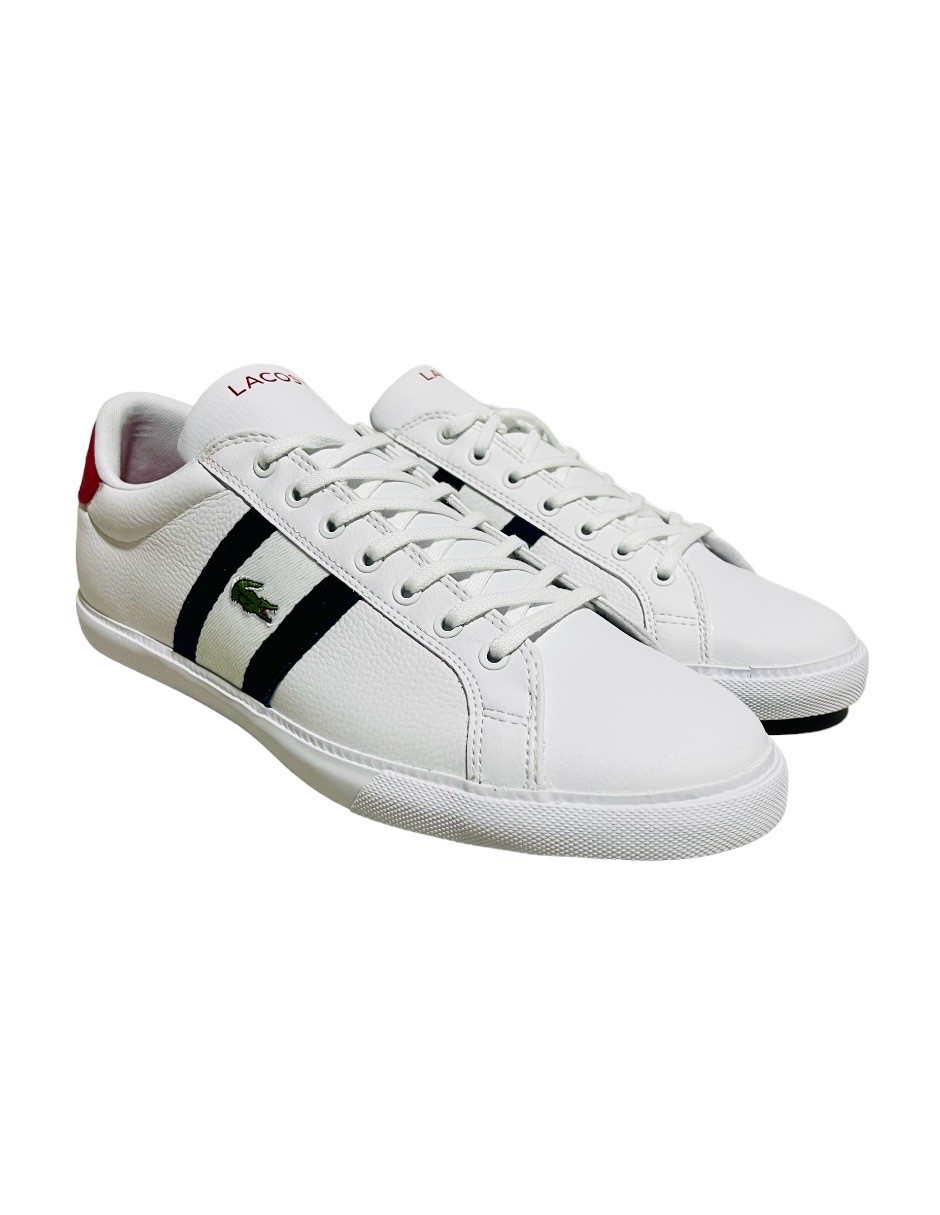 TENIS LACOSTE GRAN VULC BLANC CON RAYAS AZULES Y TALON ROJO