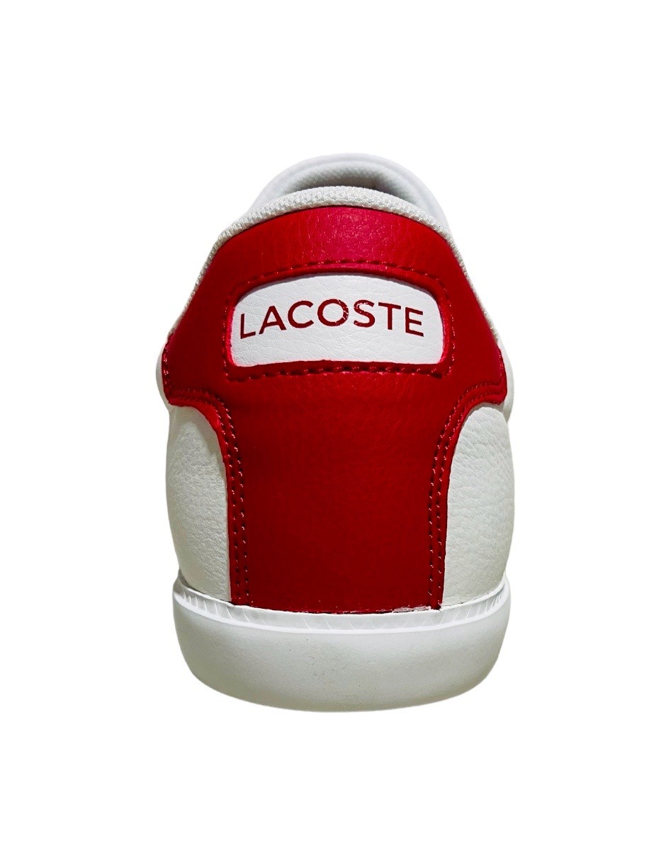 TENIS LACOSTE GRAN VULC BLANC CON RAYAS AZULES Y TALON ROJO