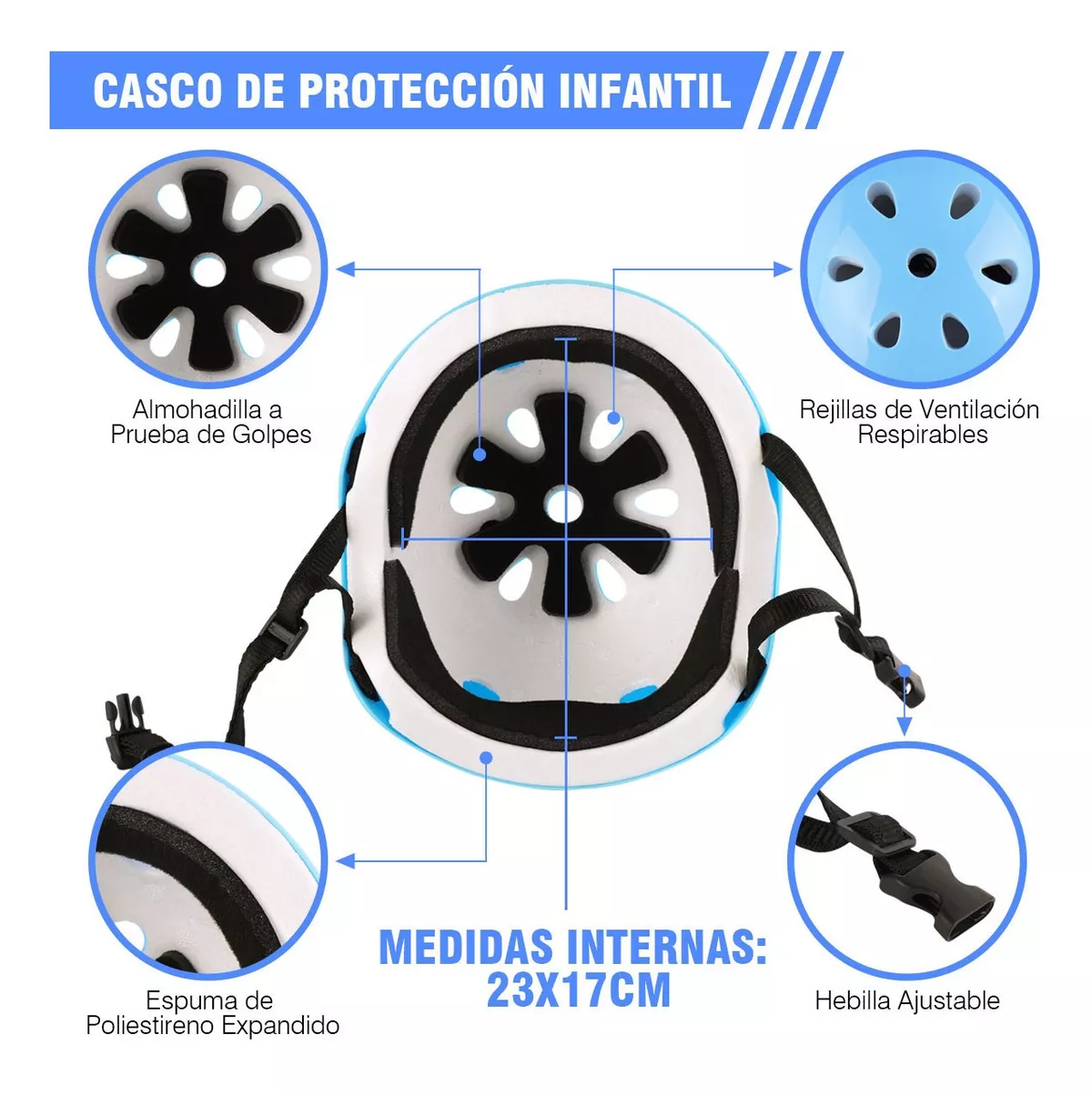 Kit De Protección De Patín Niños Con Casco Rodillera Codera Azul
