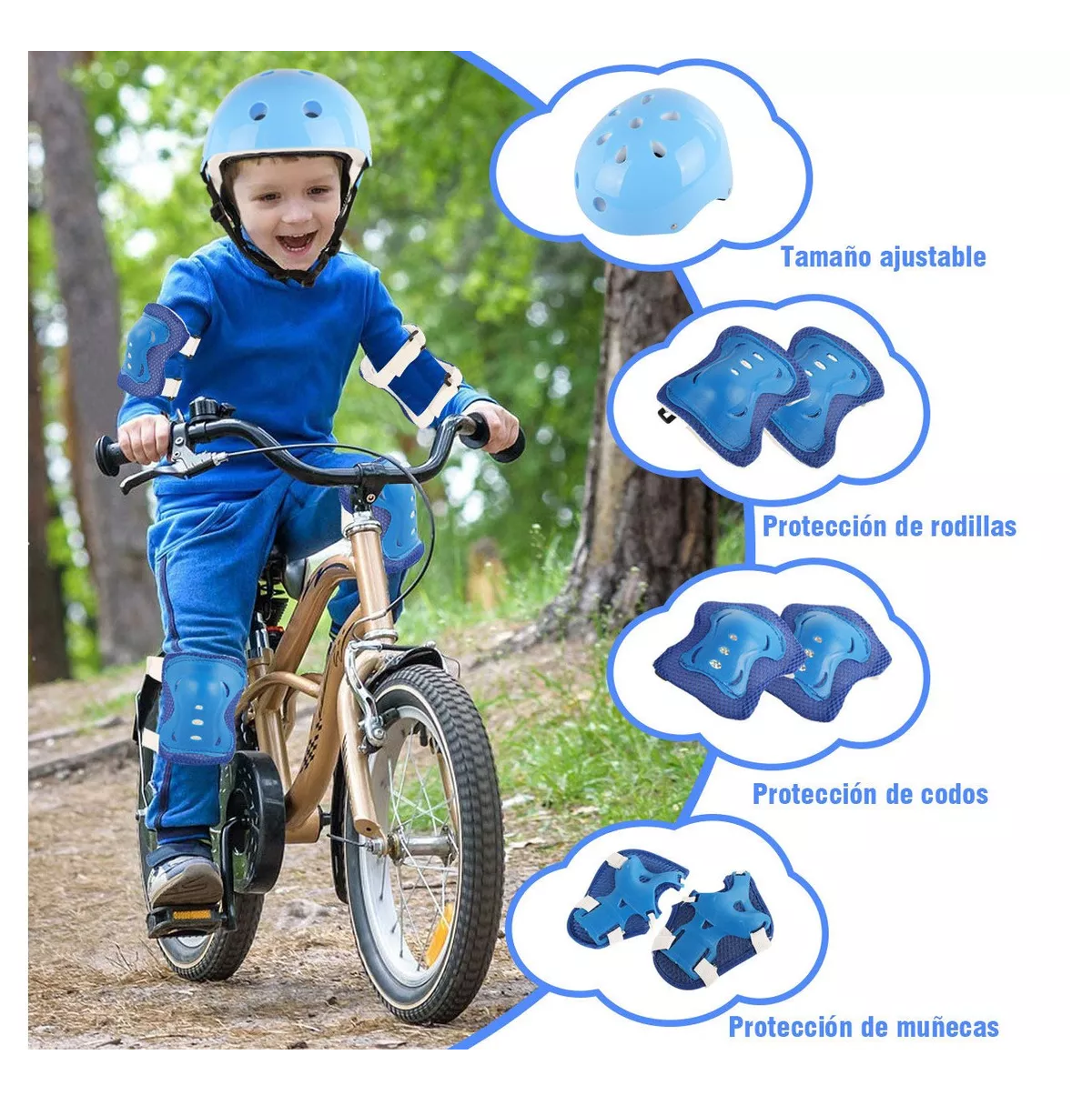 Kit De Protección De Patín Niños Con Casco Rodillera Codera Azul