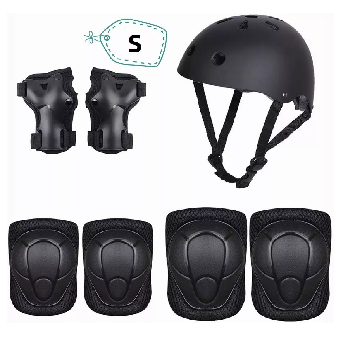 Kit Casco Protección Niños Rodilleras Muñequeras Coderas Negro S