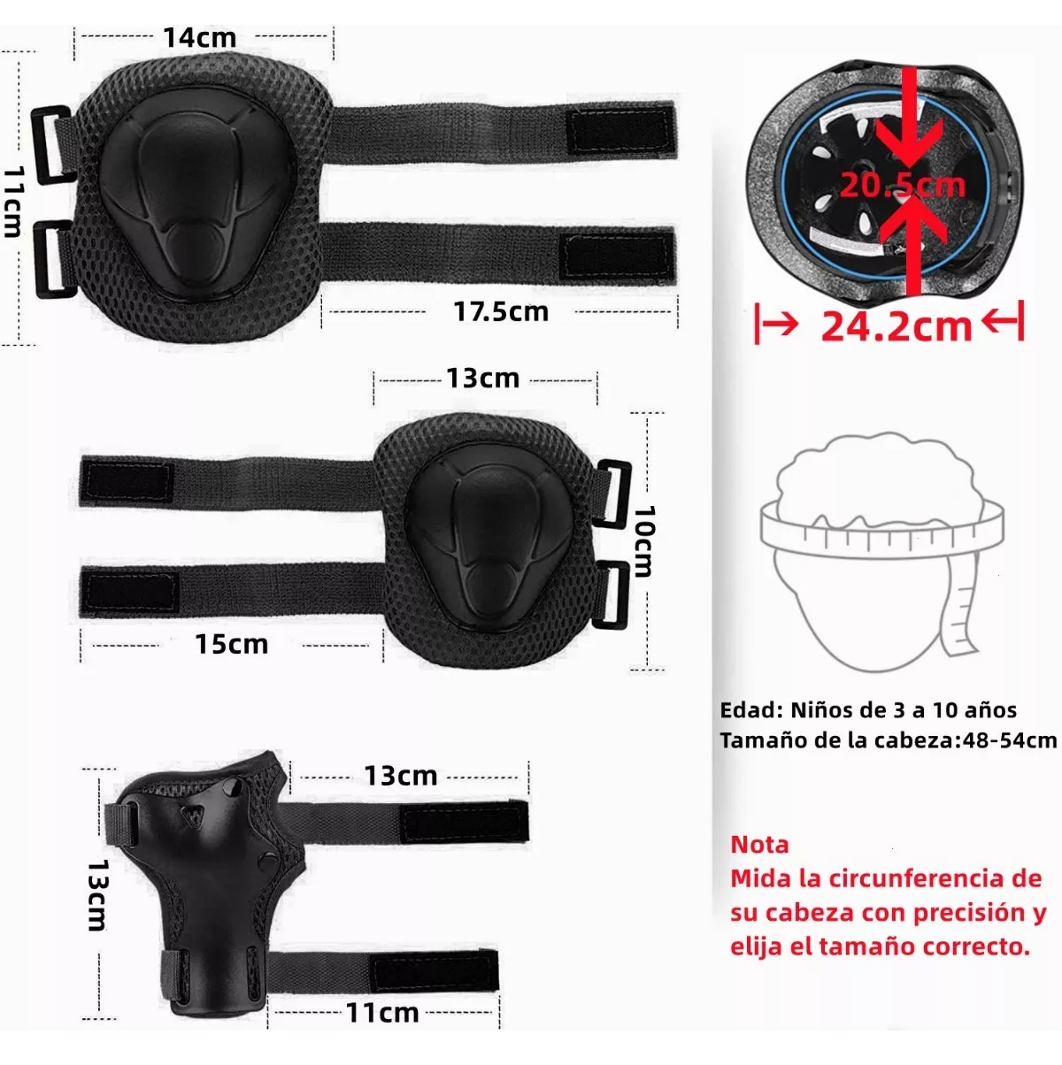 Kit Casco Protección Niños Rodilleras Muñequeras Coderas Negro S