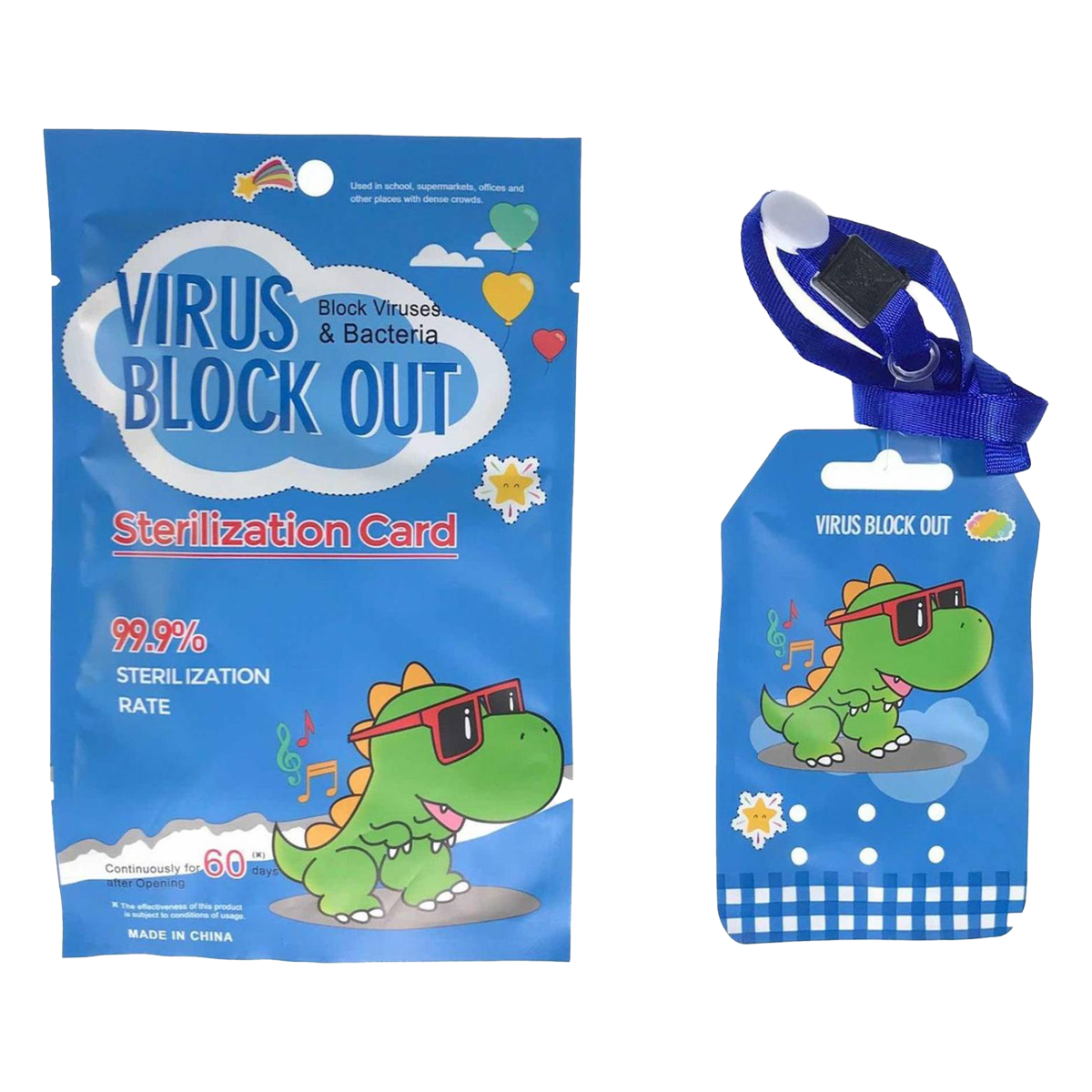 Tarjeta Sanitizante Infantil Virusblockout Niños 60dias 10pz Azul dinosaurio