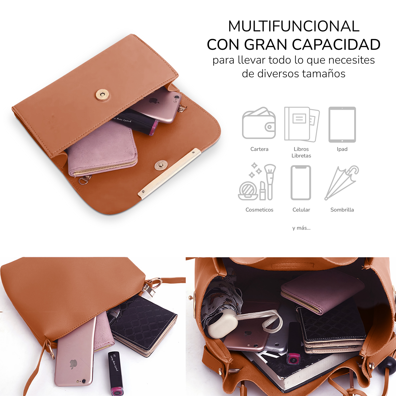 Conjunto De 3 Bolsos De Lujo Para Mujer, Gran Capacidad- Marron